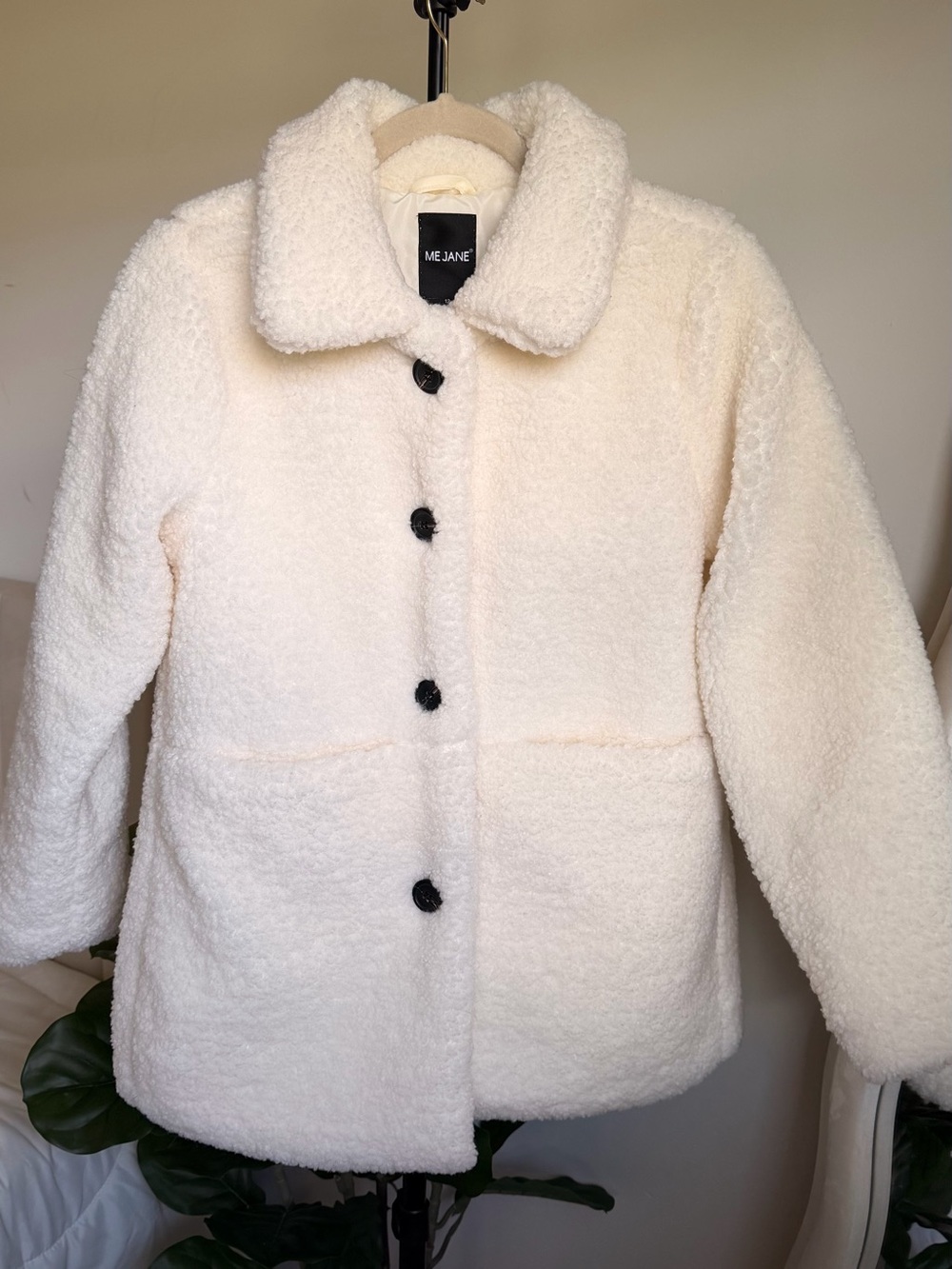 Me Jane Cream Teddy Jacket with Black Buttons
